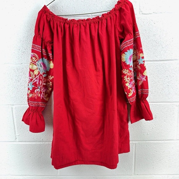 Free People Red Fleur Du Jour Embroidered Mini Off the Shoulder Dress Sz S - Picture 5 of 8